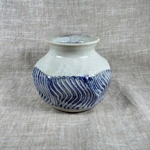 Studio Pottery Bud Vase Signed TB 608 | Brutalist Blue Gray Textured Stoneware